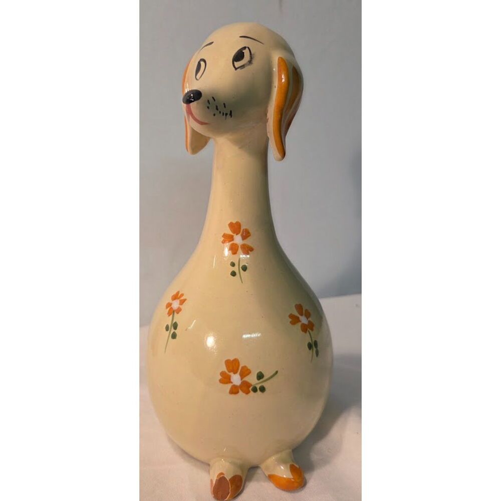 Vintage Ceramic Dog Coin Bank Hand Painted Floral Puppy Bank